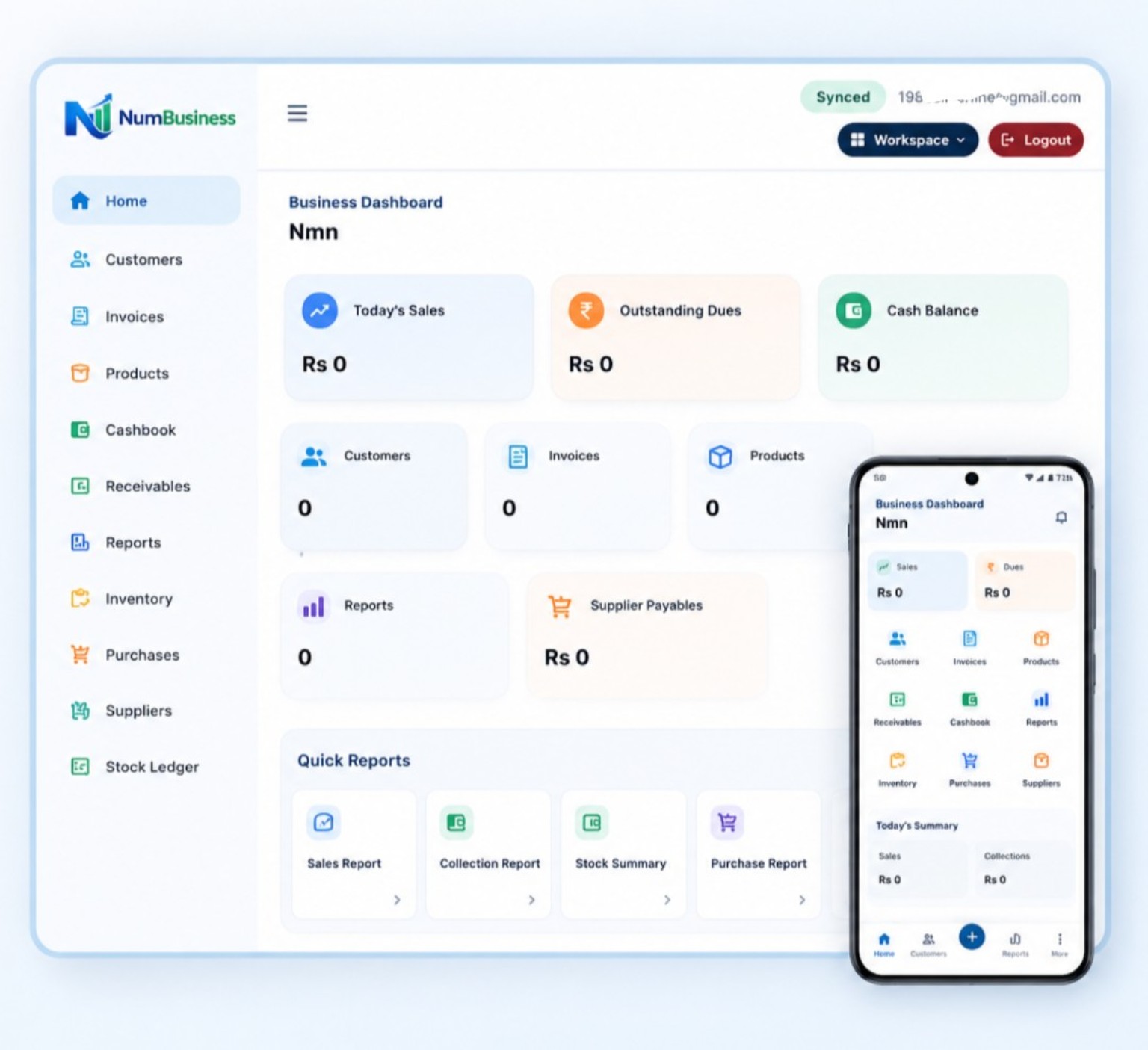 NumBusiness invoicing, stock, dues and reports dashboard