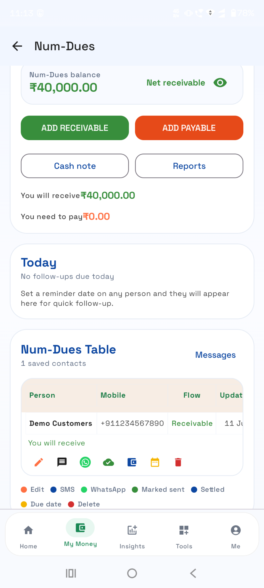 Num-Dues receivables tracking screen in NumLekka