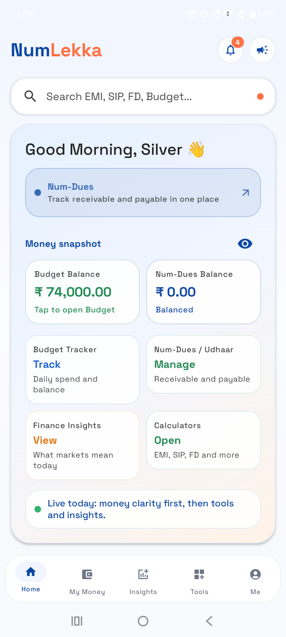 NumLekka home and money snapshot screen